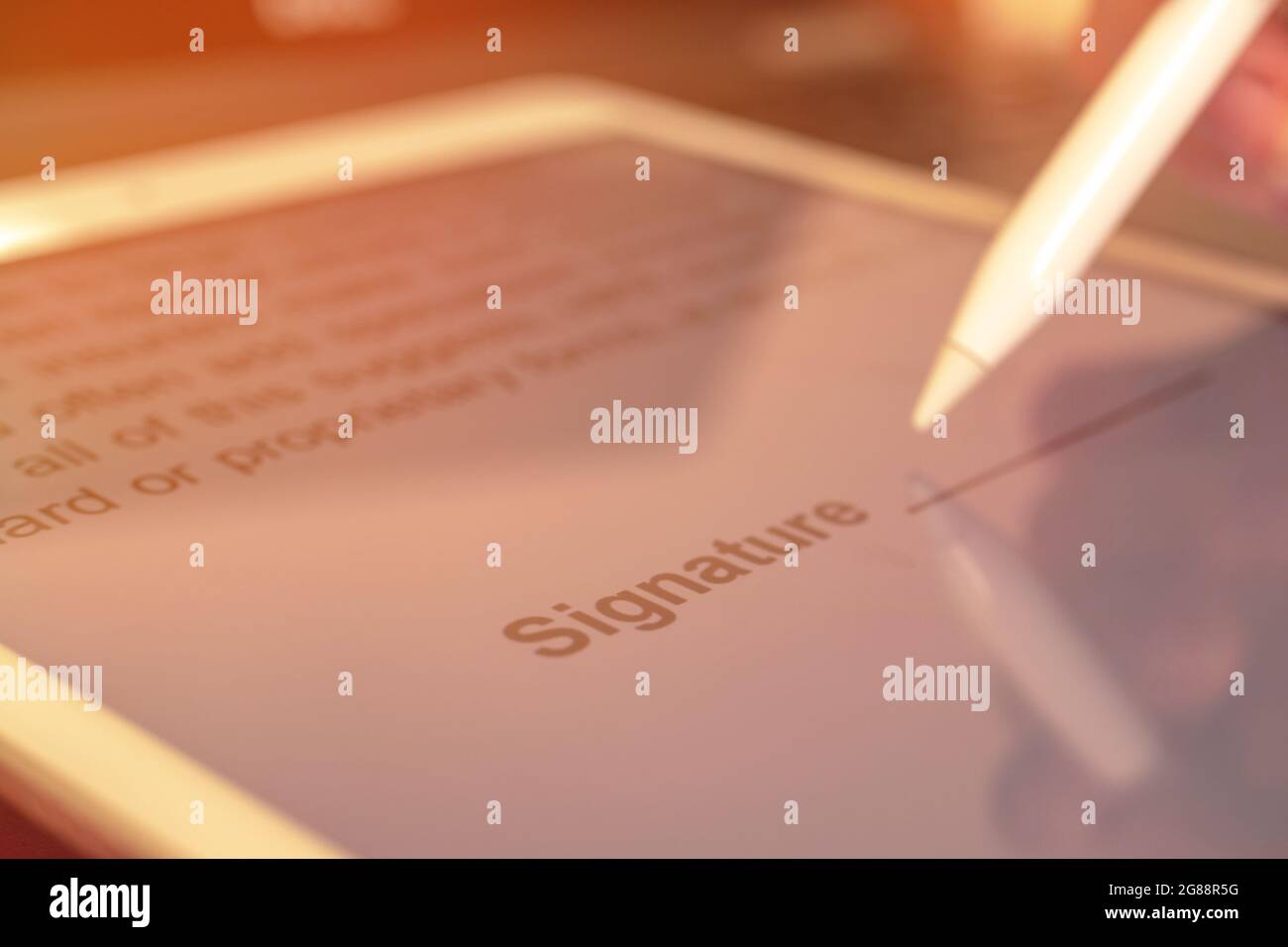 Unterzeichnung des Vertrags mit digitaler Signatur auf dem Tablet, Nahaufnahme des Dokuments, Eingabestift in der Hand, selektiver Fokus Stockfoto