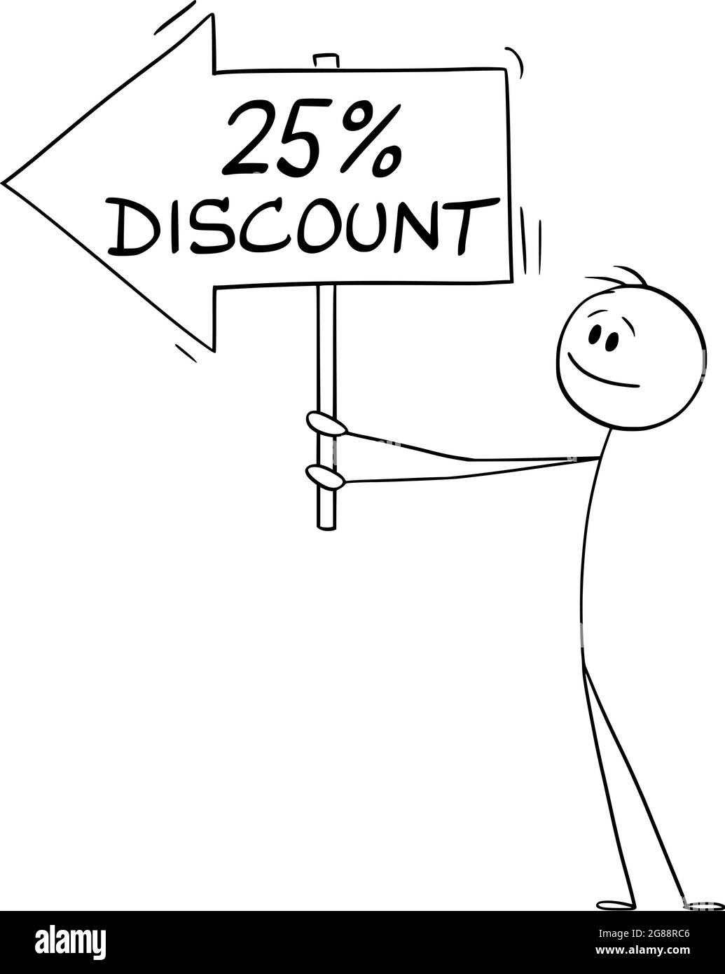 Person oder Geschäftsmann, der 25 oder fünfundzwanzig Prozent Discount-Pfeil-Zeichen hält und auf etwas zeigt, Vektor-Cartoon-Stick-Abbildung Stock Vektor