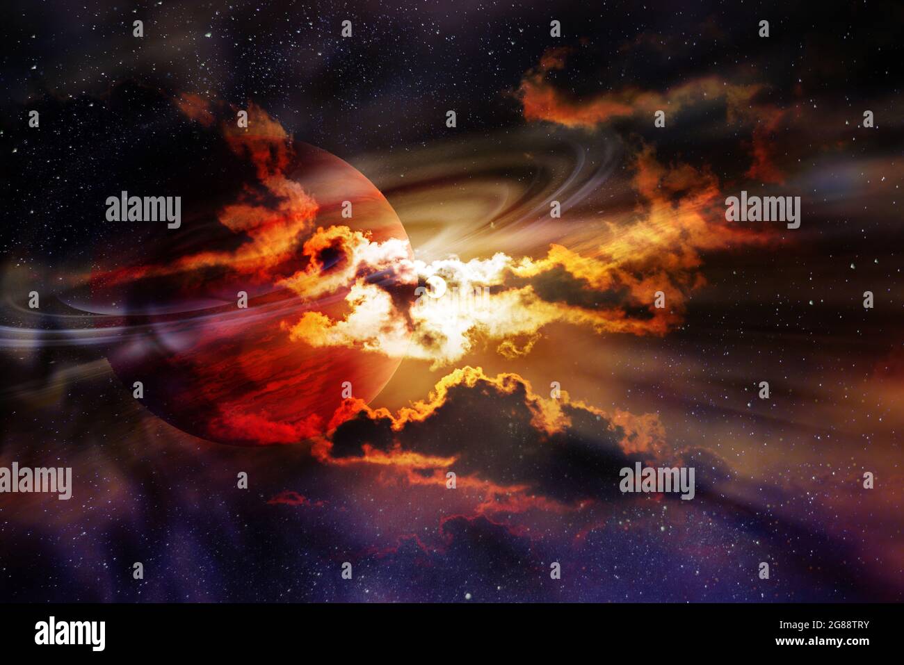 Saturn-Planet in Wolken umgeben von Sternen. Elemente dieses Bildes, die von der NASA eingerichtet wurden. Stockfoto Saturn-Planet in Wolken umgeben von Sternen. Elemente dieses Bildes, die von der NASA eingerichtet wurden. Stockfoto