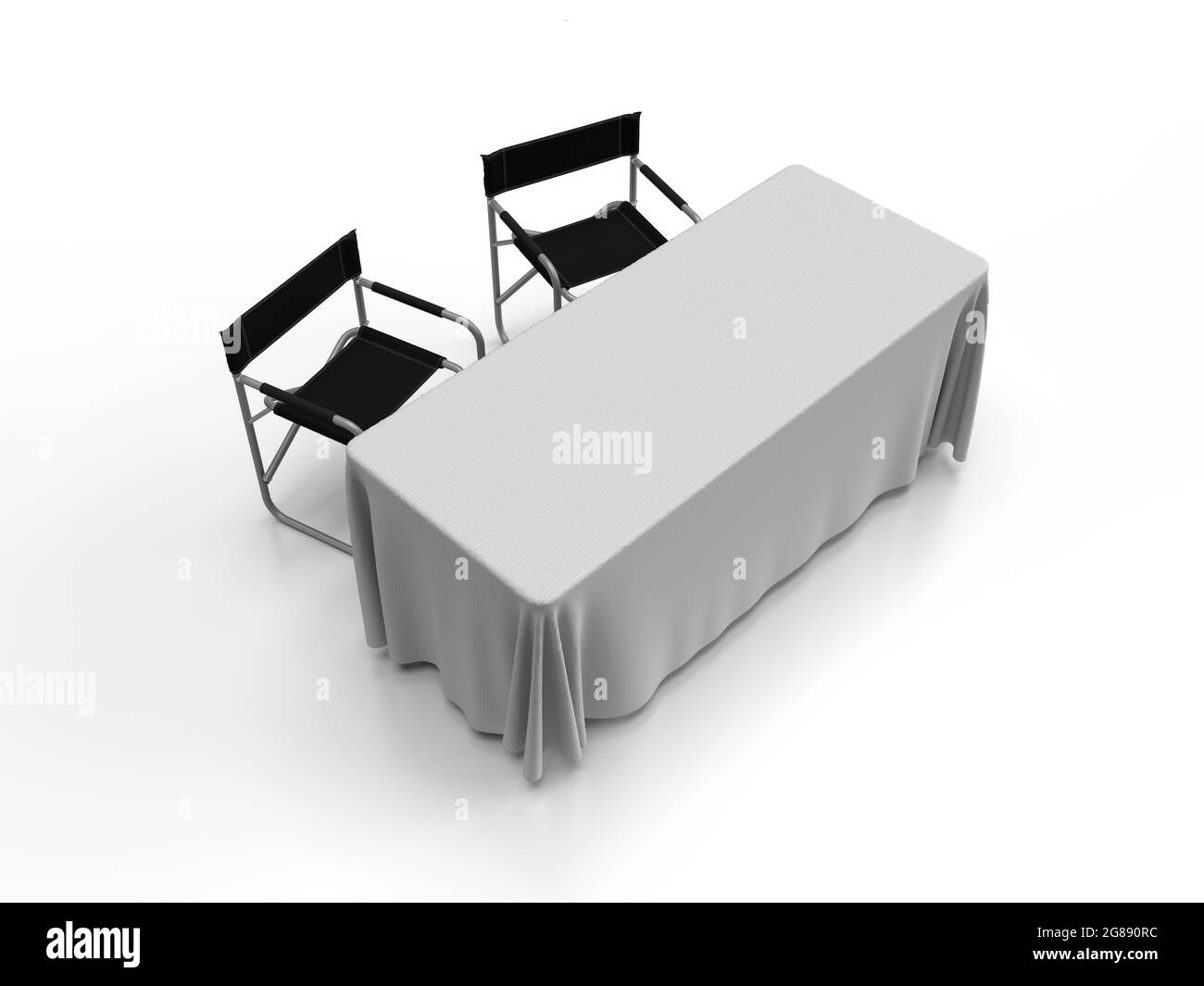 3d-Rendering von zwei Aluminium-Klappstühlen und einem Tisch mit einem weißen Tischtuch Mockup aus der Perspektive von oben isoliert auf einem weißen Stockfoto