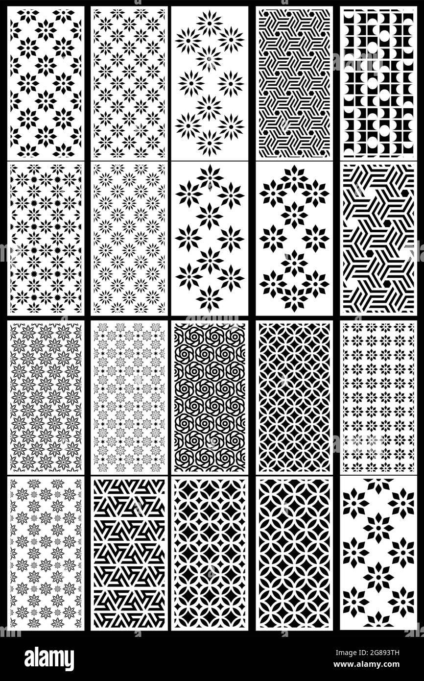 20 Design-Set, Jali Design für Grafik und Sperrholz, Trennwand, CNC-Router-Design-Schaumstoff, Acryl- und CNC-Maschinenschnitt, EPS-Datei. Stock Vektor