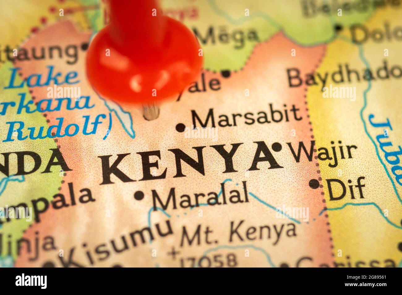 Ort Kenia, Karte mit Stecknadel Nahaufnahme, Reise- und Reisekonzept mit Markierung, Afrika Stockfoto