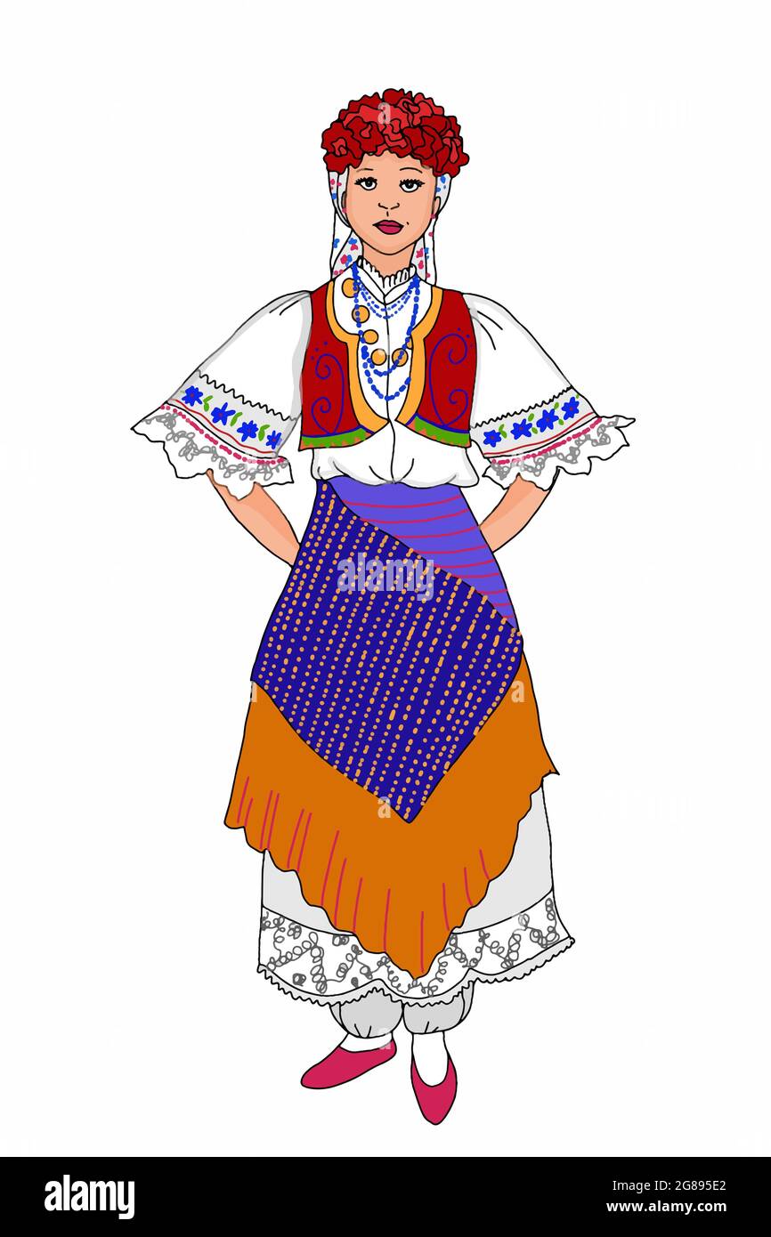 Darstellung der traditionellen Frau, die in türkischer Kulturkleidung steht und trägt Stockfoto