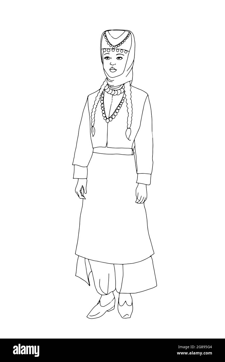 Traditionelle Frau steht und trägt türkische Kultur Kleidung Illustration einzeilige Stockfoto