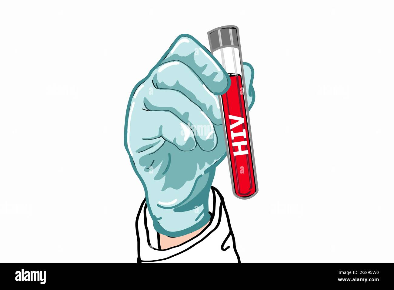 Siencest, Arzt, gesunde Arbeiter Hand geben medizinische Handschuhe und hält Laborschlauch hiv positive Test Illustration Zeichnung. Stockfoto
