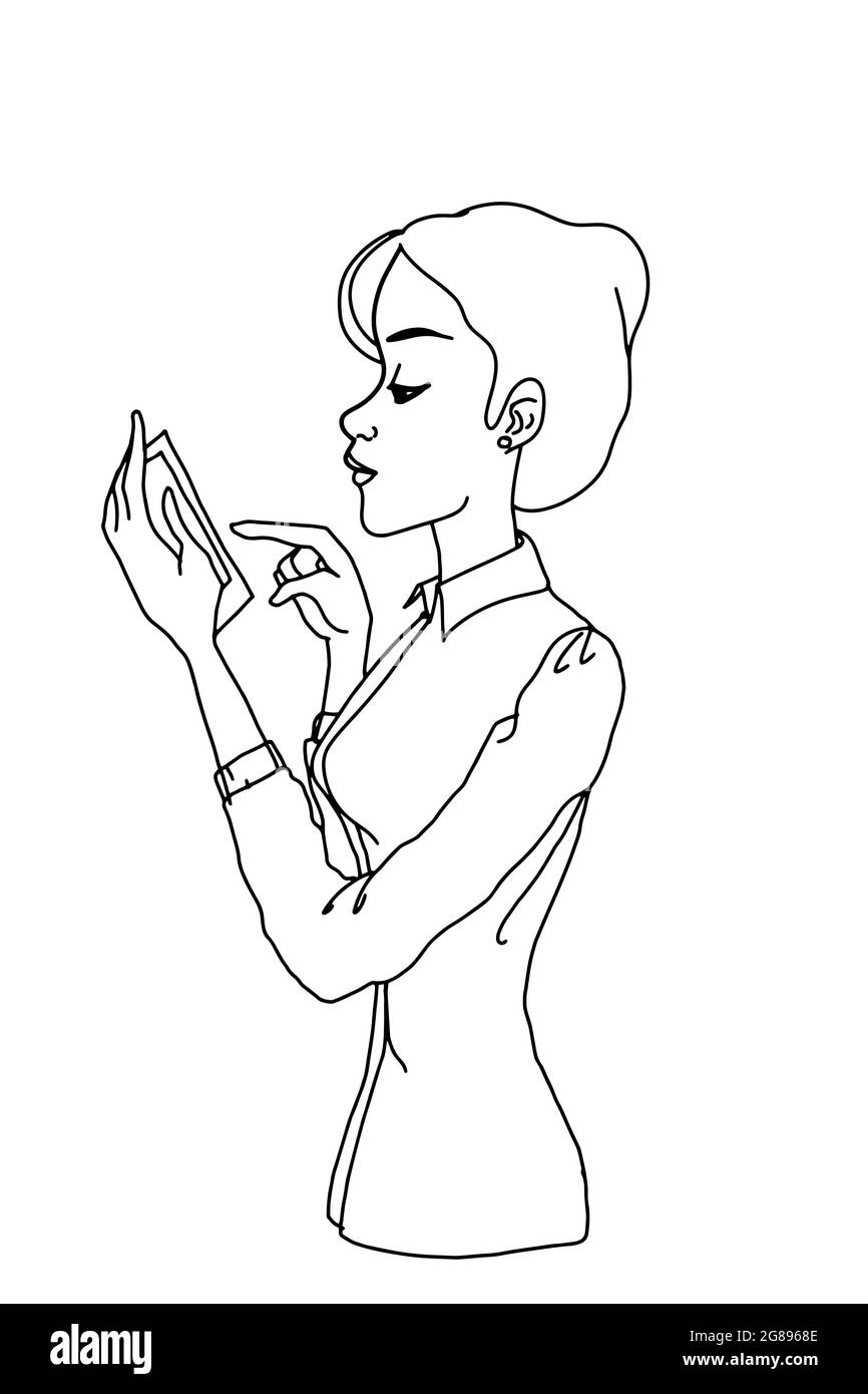 Cartoon Halbkörper weiblich und Handy in der Hand Illustration einzeilig Stockfoto
