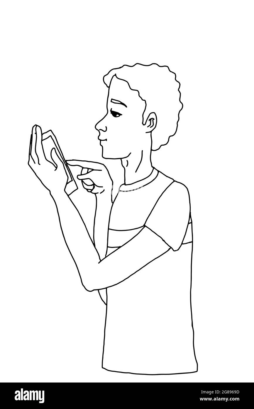 Cartoon Halbkörper Junge oder Mann und Handy in der Hand Illustration einzelne Zeile Stockfoto