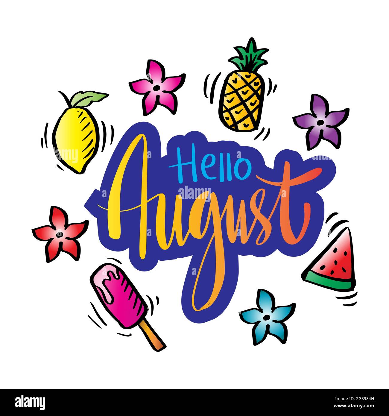 Hello August handgezeichnete Kalligraphie-Schriftzüge Stockfoto