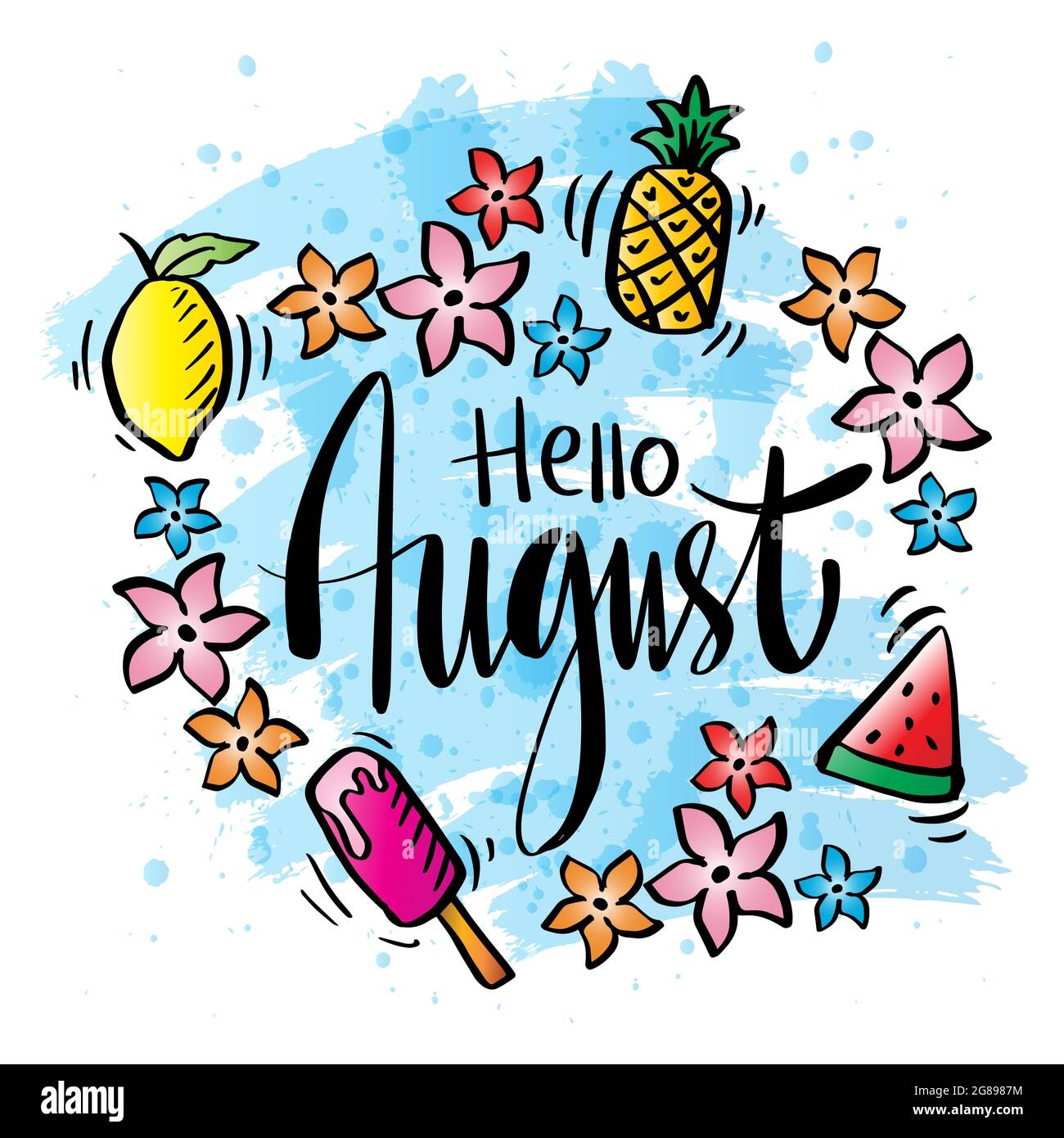 Hello August handgezeichnete Kalligraphie-Schriftzüge Stockfoto