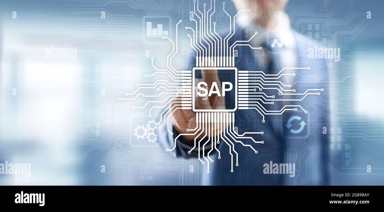 SAP – Software zur Automatisierung von Geschäftsprozessen. ERP Enterprise Resources Planungssystem Konzept auf virtuellem Bildschirm. Stockfoto