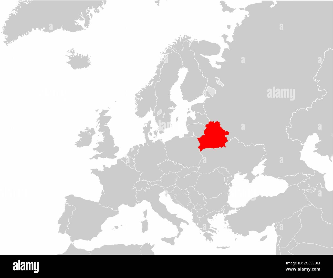 Weißrussland auf der europäischen Landkarte hervorgehoben. Belarussischer Staat auf der politischen europakarte markiert. Vektorgrafik Karte. Stock Vektor