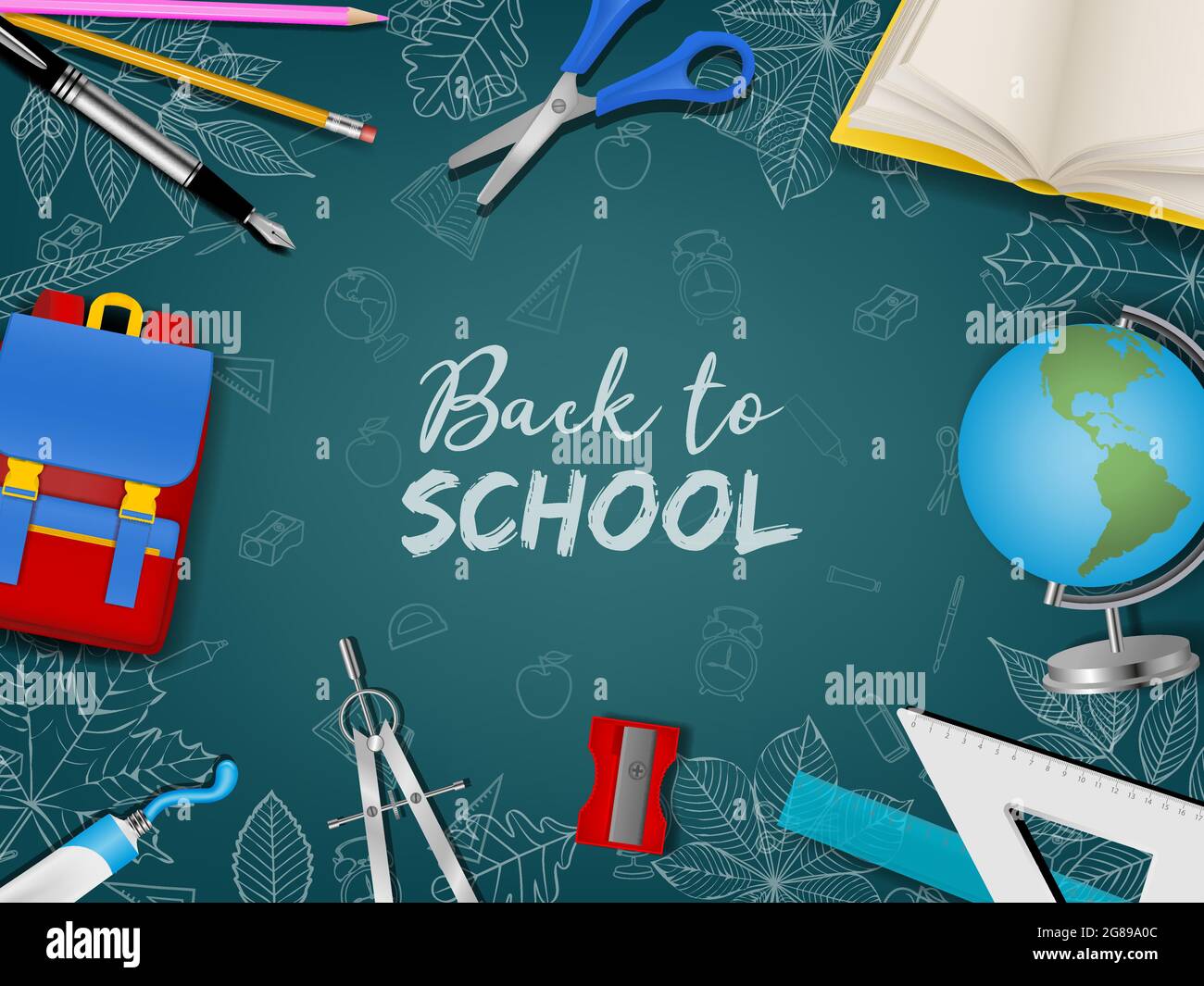 Back to School Poster mit realistischen Accessoires und Kritzeleien auf Kreidetafel Hintergrund Stock Vektor