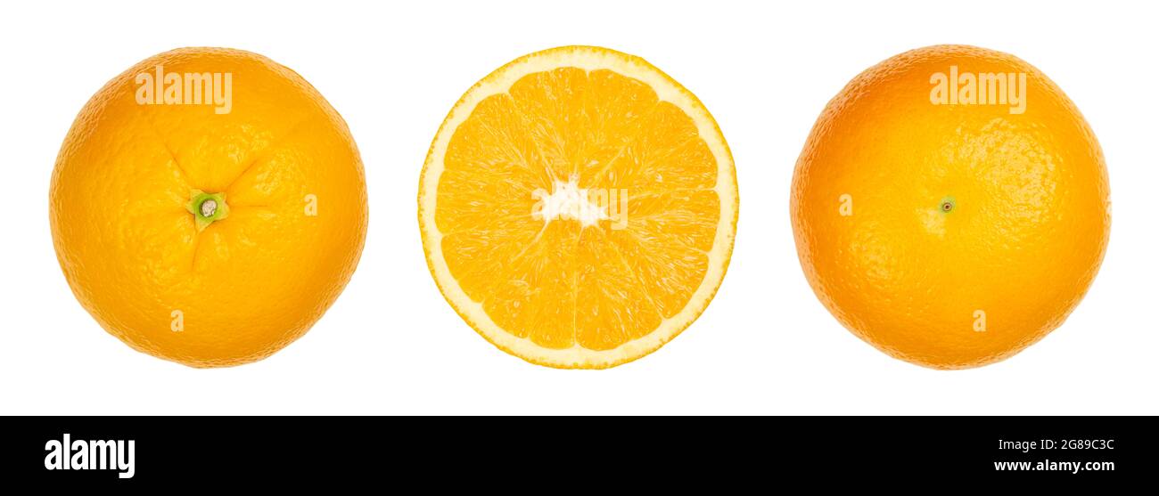 Valencia orange, Draufsicht, halbiert mit Querschnitt und Draufsicht, isoliert und auf weißem Hintergrund. Reife Frucht von Citrus sinensis. Stockfoto