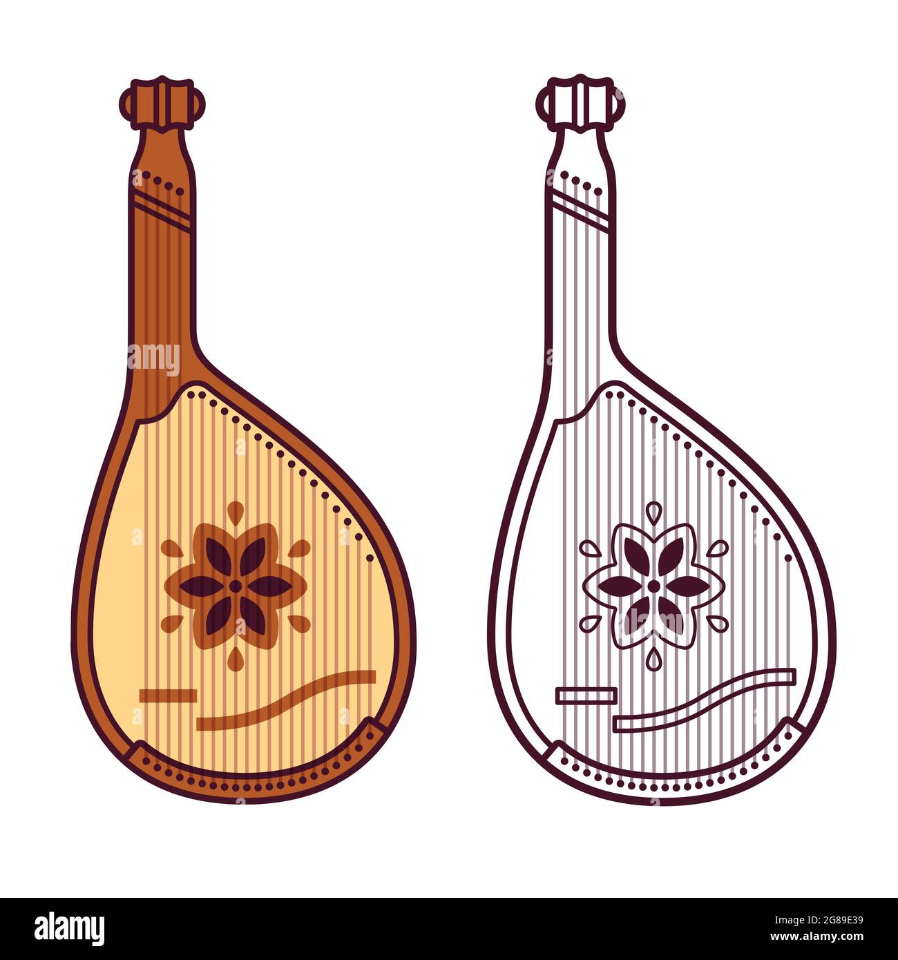 Bandura, traditionelles ukrainisches Streichmusikinstrument. Farbe und schwarz-weiße Zeichnung. Vektorgrafik Clip Art Illustration. Stock Vektor