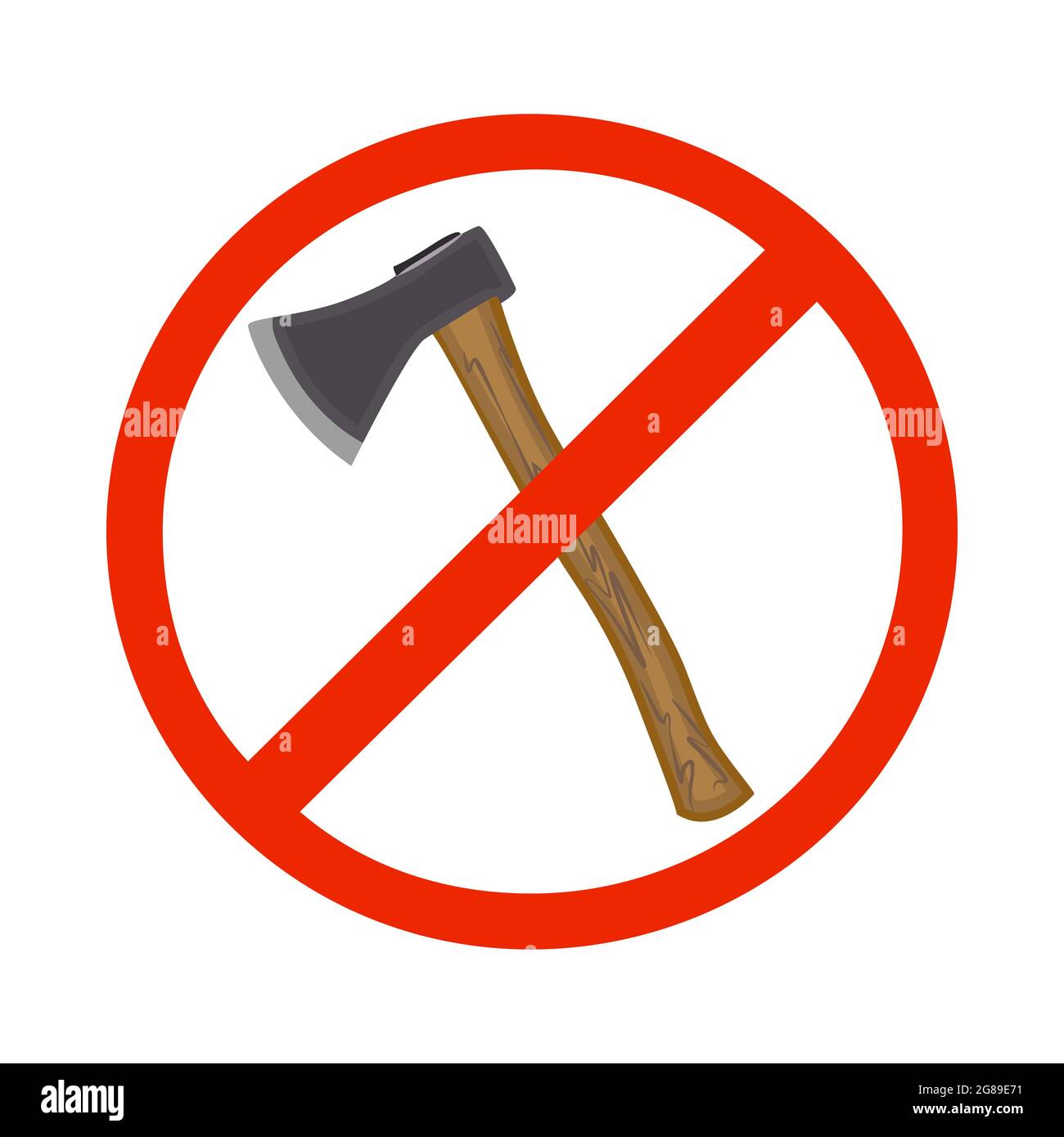 Verbotenes Schild mit Axt auf weißem Hintergrund isoliert. Kein Verbot der Entwaldung. Bäume nicht abhauen. Axt in rot durchgestrichenen Kreis. Vektor Stock Vektor