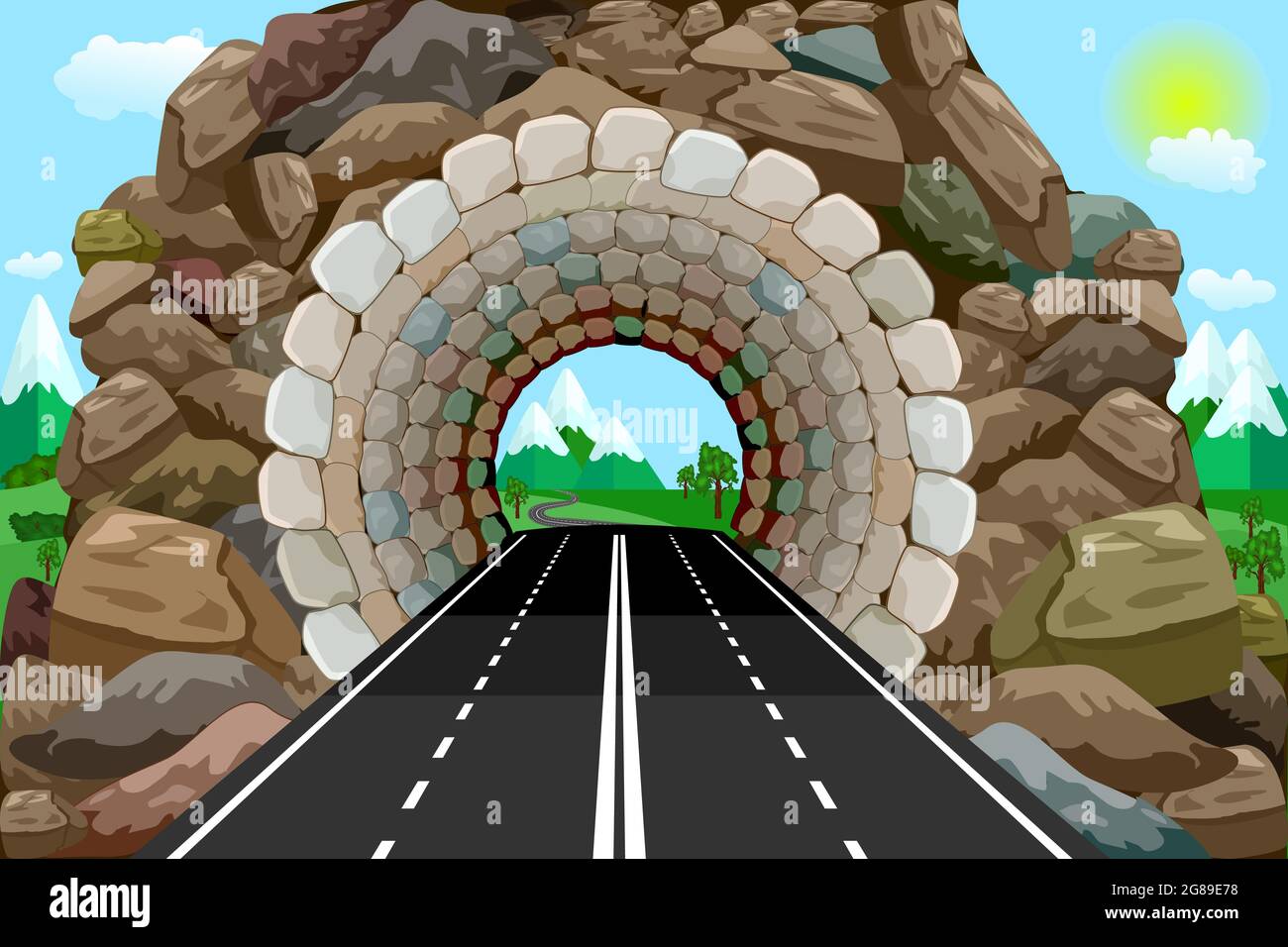 Tunnel mit Autobahn und Bergen am Ausgang des Weges. Speedway-Tunnelstraße. Berglandschaft mit Zugang zum Tunnel. Vektorgrafik für Aktien Stock Vektor