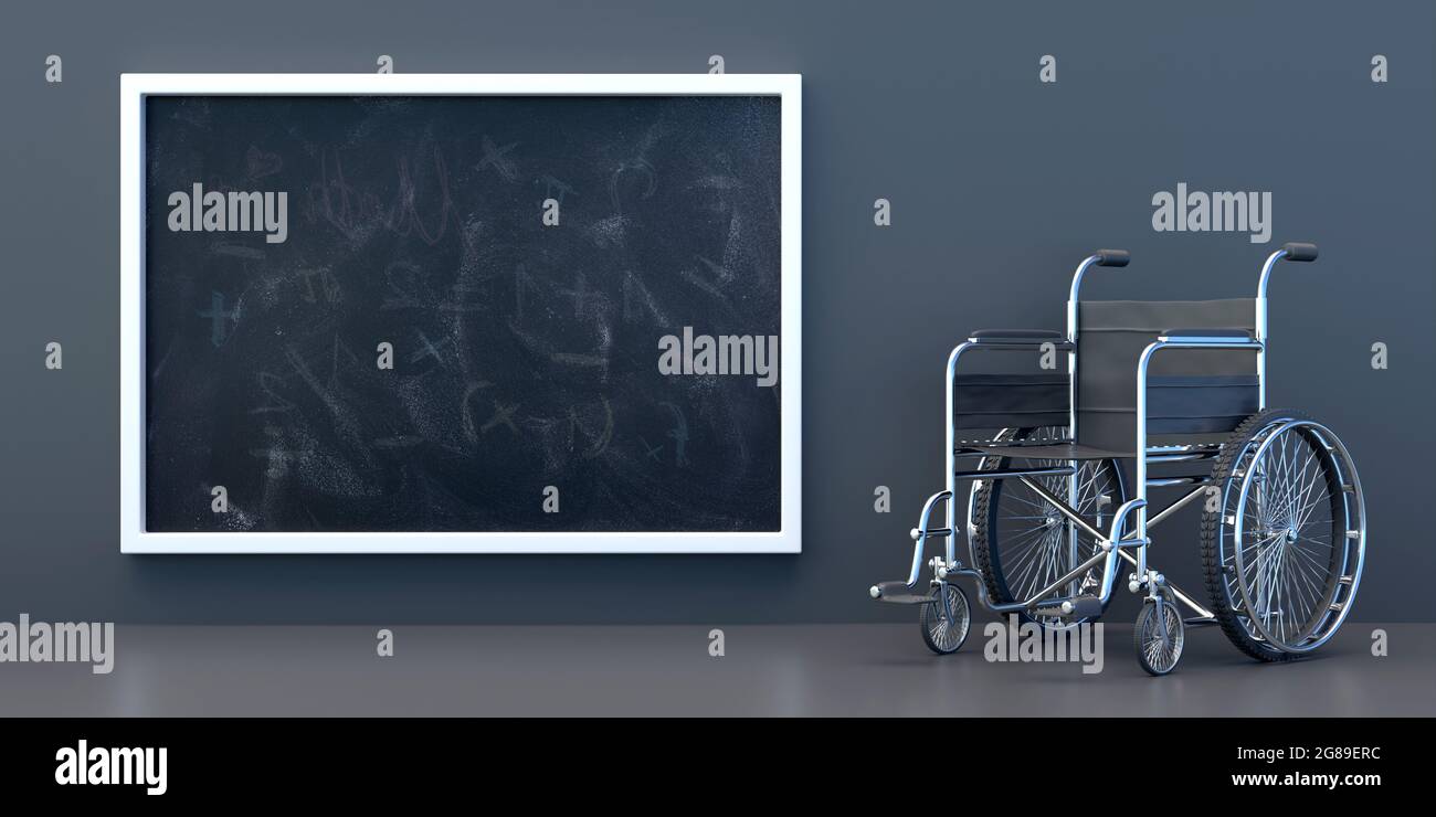 Rollstuhl und leere Schultafel auf dunkelgrauem Hintergrund. Medizinische Geräte im Klassenzimmer, Bildungszugang für behinderte Schüler Konzept. 3d Abb. Stockfoto