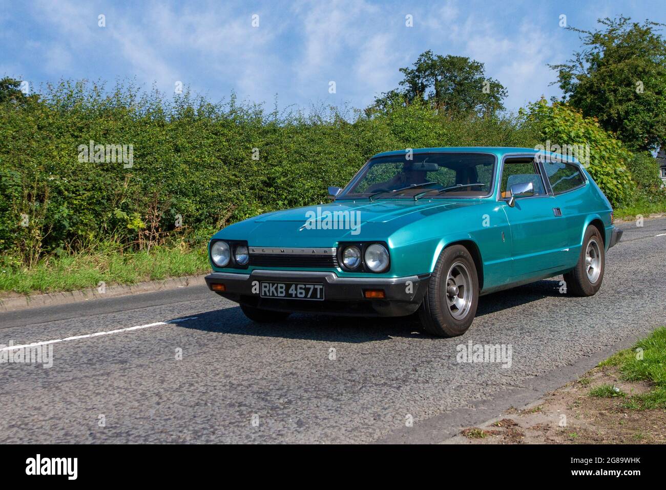 1978 70er Jahre grünes Reliant Scimitar 2dr Coupé, auf dem Weg zur Capesthorne Hall Classic July Car Show, Ceshire, Großbritannien Stockfoto