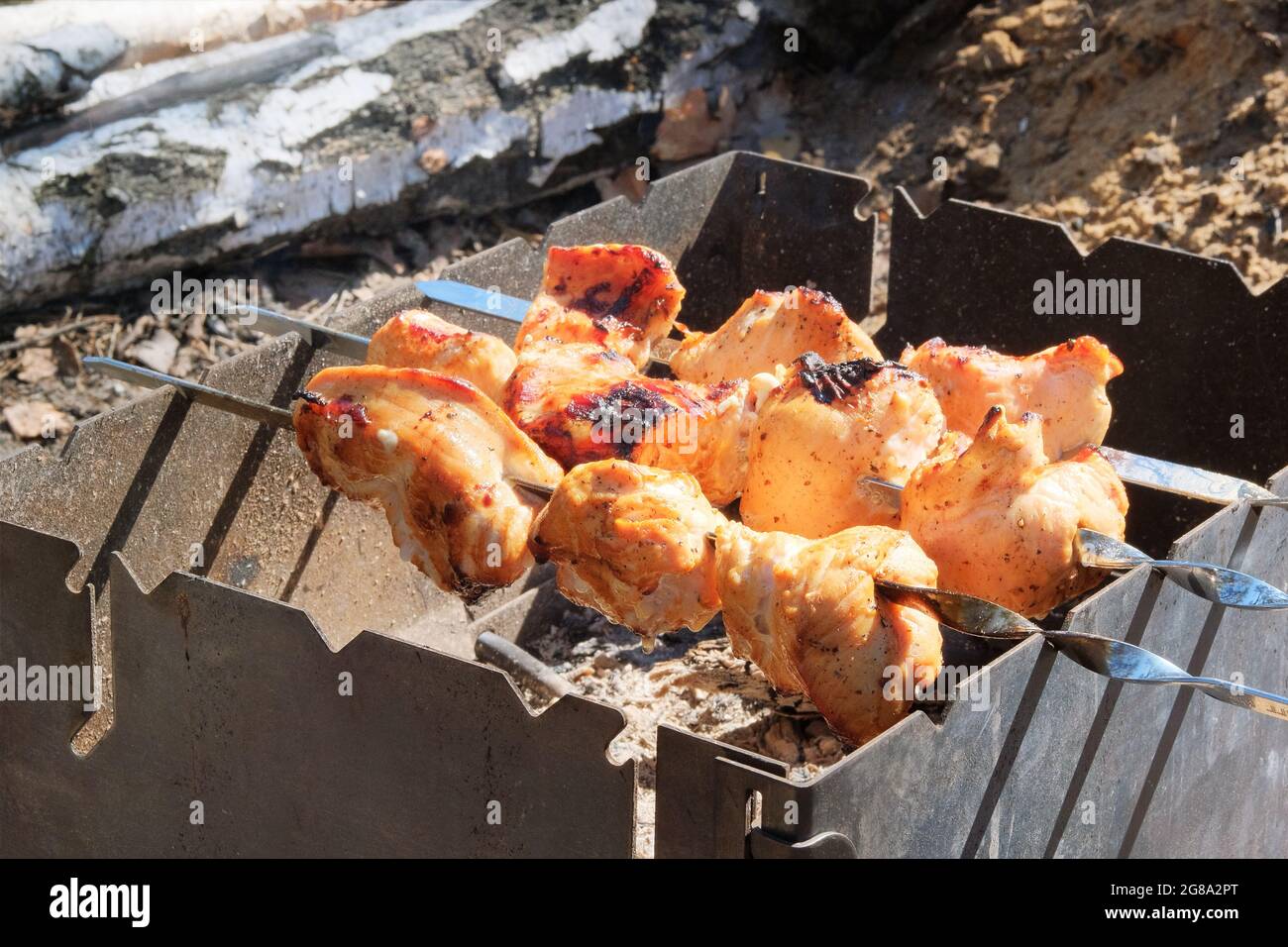 Fleischbraten auf dem Grill im Freien. Gebratene Schweinefleisch- und Rinderspieße auf Kohlen. Grillfleisch Hintergrund. Stockfoto