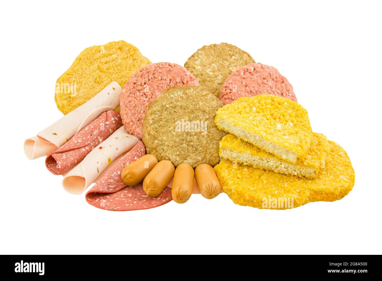 Vegetarischer und veganer Fleischersatz Schnitzel Burger Wurstsorten Stockfoto