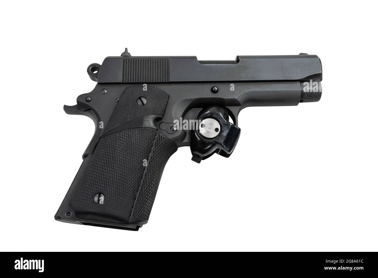 Handfeuerwaffe mit Abzugsverriegelung isoliert auf weiß. Stockfoto