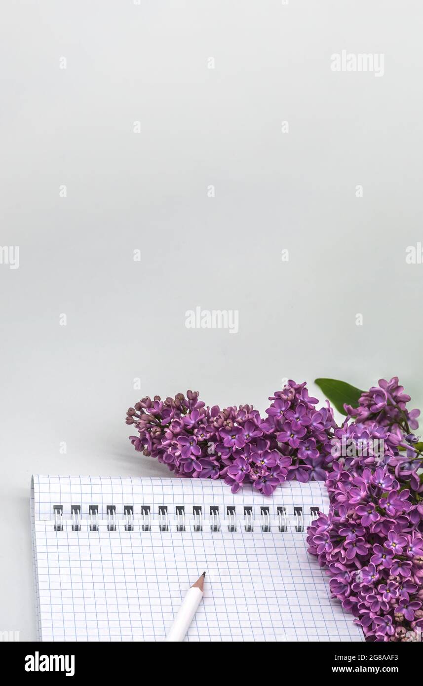 Notizblock mit Stift und Blumen. Spiralnotizbuch und Stift. Notebook-Flieder auf hellem Hintergrund. Stockfoto