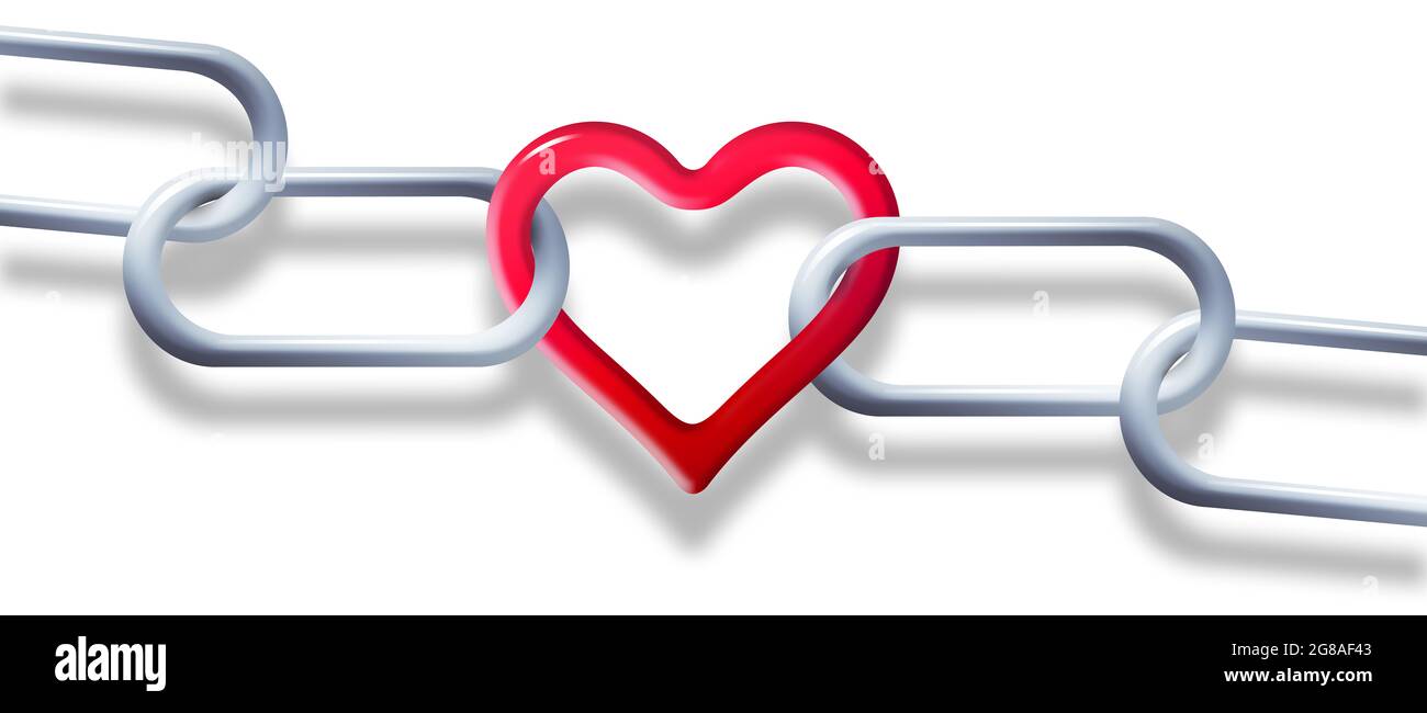 Die Stahlkette ist in dieser 3-d-Illustration über unzerbrechliche Liebe durch ein rotes herzförmiges Glied miteinander verbunden. Stockfoto