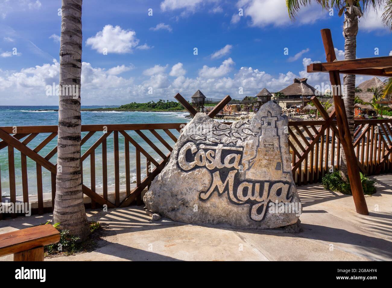 Stein Costa Maya Kreuzfahrthafen Schild Mexiko Stockfoto