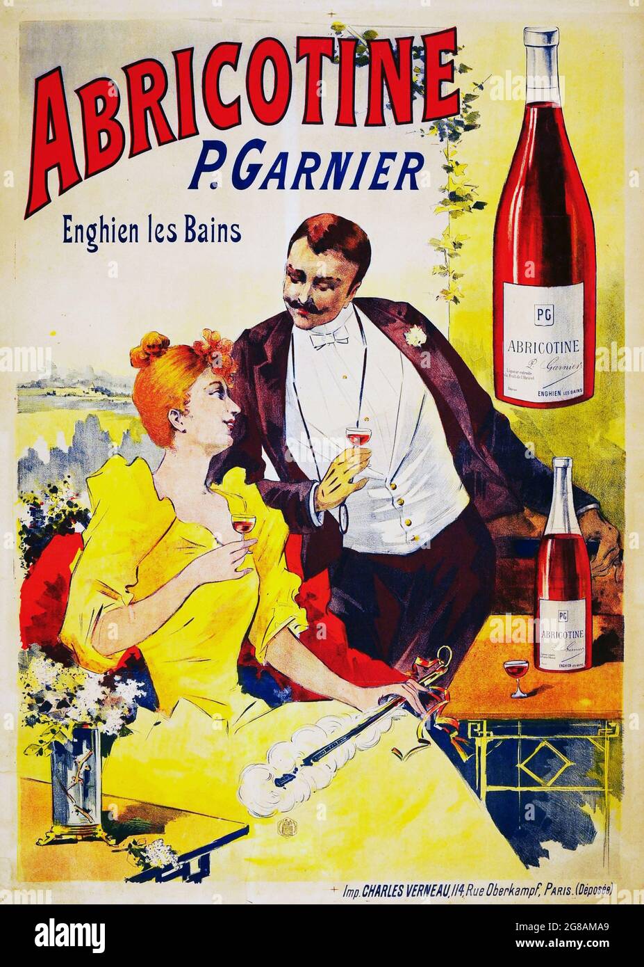 Abricotine, P. Garnier, Enghien les Bains. Mann und Frau trinken Abricotine. Werbung für Alkohol. 1890er. Stockfoto