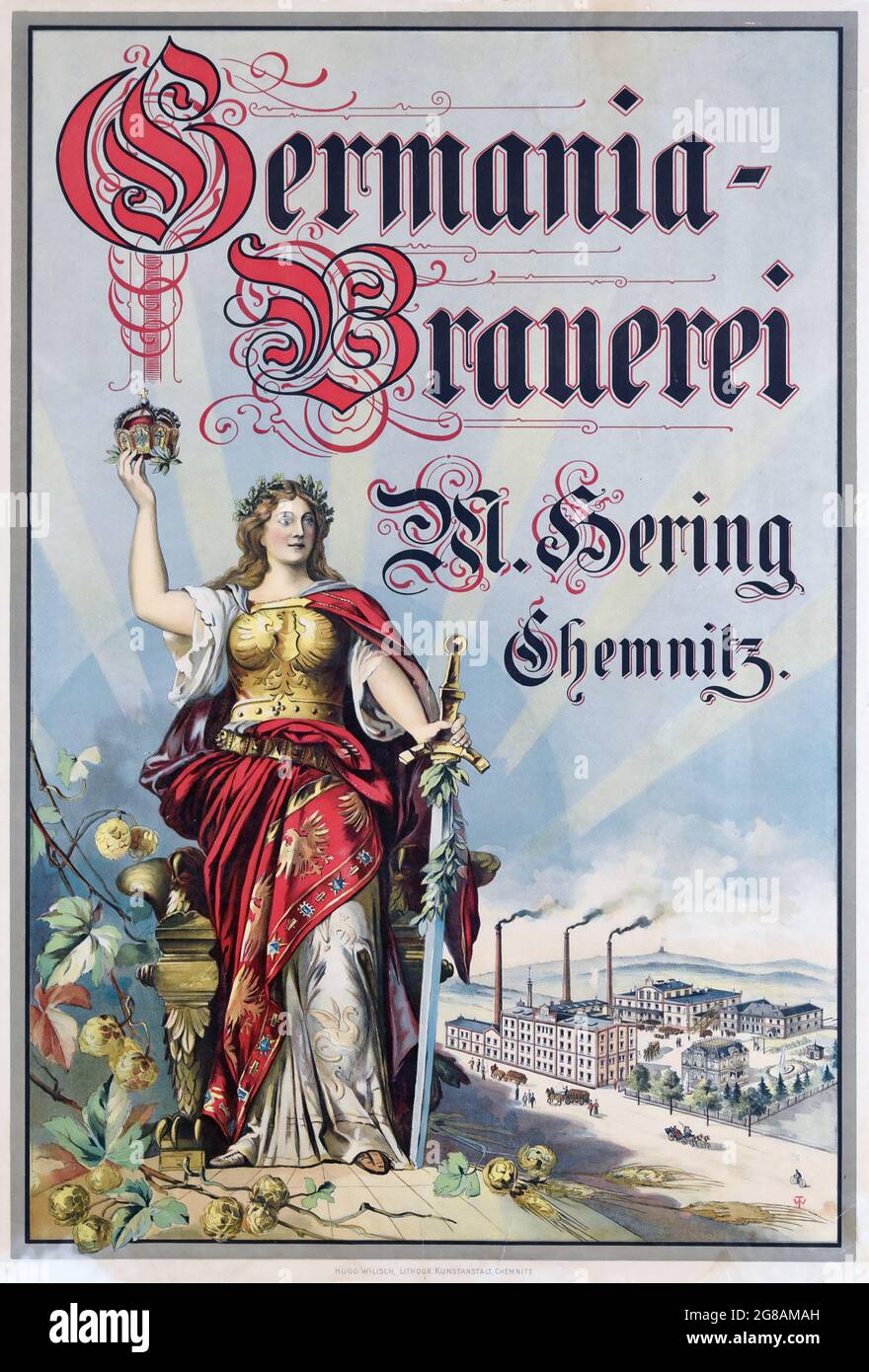 Vintage-Werbung für Bier. Germania Brauerei – Beer Ad 1900 Vintage Drink Poster (Alkoholbar Wein gemischter Bierlikör) Chemnitz Stockfoto