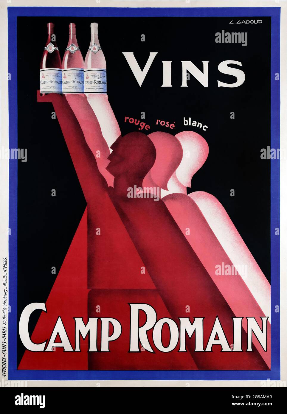 Vintage-Werbeplakat. Vins Camp Romain. Rouge, Rosé, Blanc. Rotwein, Roséwein, Weißwein. Ein Poster im Art-Deco-Stil, gedruckt um 1930. Stockfoto