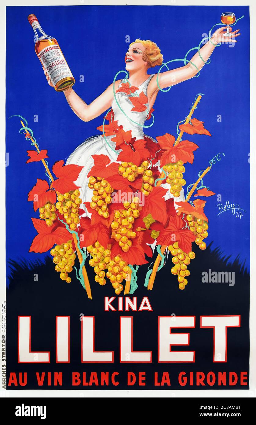 Kina Lillet Au Vin Blanc de la Gironde (Aperitif), 1937. Werbung für Vintage-Alkohol. Frau mit einer Flasche, umgeben von Trauben. Kunst von Robys Wolff. Stockfoto