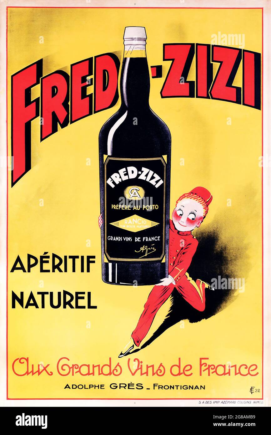 Fred-Zizi Apéritif Naturel, Wein aus Frankreich. Große schwarze Flasche. Preféré Au Porto. Aux Grands Vins de France. Stockfoto