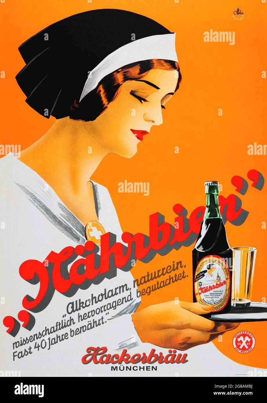 Werbung für Bier. Vintage Art Deco Beer Poster für die Hackerbräu Brauerei in München aus den 1930er Jahren. Otto Ottler (Künstler). Stockfoto