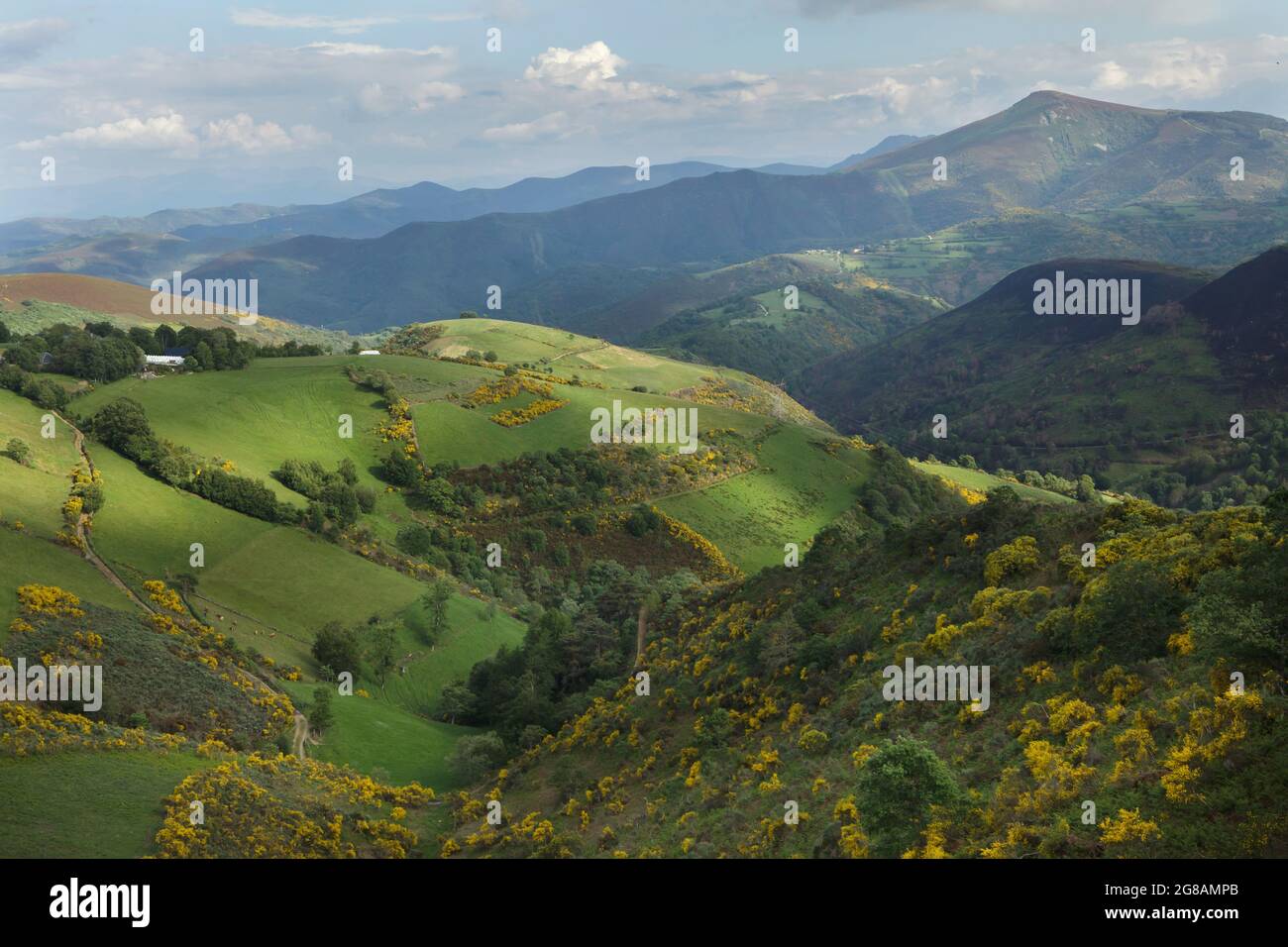 Camino de Santiago (Jakobsweg). Hochland in der Nähe der Grenze zwischen León und Galizien in Spanien. Die französische Route des Camino de Santiago führt durch diese malerische Landschaft kurz bevor sie das galizische Dorf El Cebrero erreicht. Stockfoto