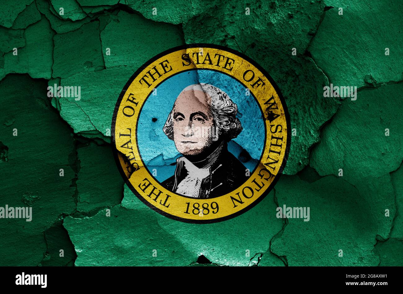 Flagge des Staates Washington, USA auf rissige Wand gemalt Stockfoto
