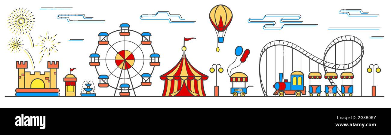 Panorama eines Vergnügungsparks mit Riesenrad, Zirkus, Fahrten, Ballon, Hüpfburg und Food Cart. Landschaft des Stadtparks. Vektorgrafik o Stock Vektor