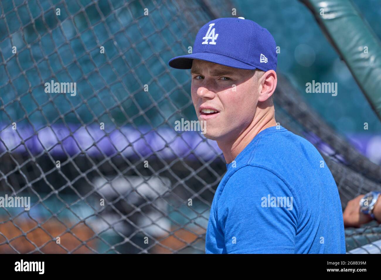 Denver CO, USA. Juli 2021. Los Angeles Catcher will Smith ((16) vor dem Spiel mit den Los Angeles Dodgers und den Colorado Rockies im Coors Field in Denver Co. David Seelig/Cal Sport Medi. Kredit: csm/Alamy Live Nachrichten Stockfoto