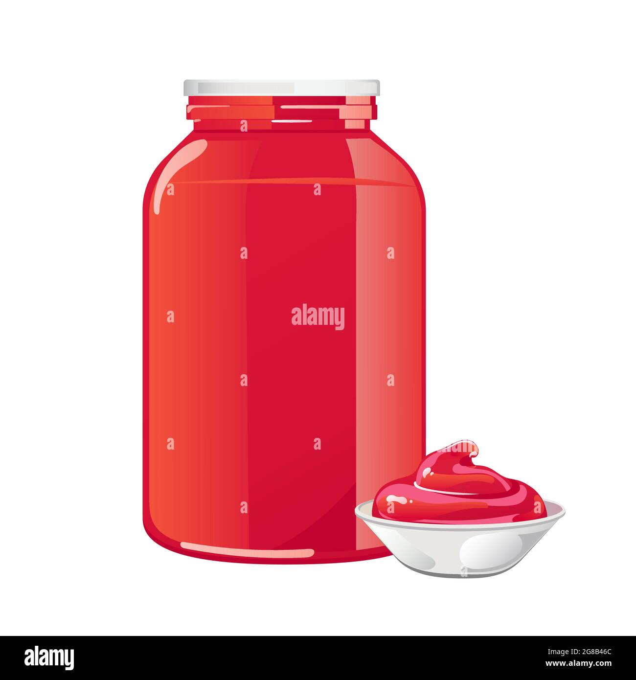 Glas mit Tomatensauce und weißem Deckel. Rote natürliche würzige Würze in Behälter ohne Etikett. Vektor-Illustration in flachen Cartoon-Design isoliert auf weißem Hintergrund. Stock Vektor