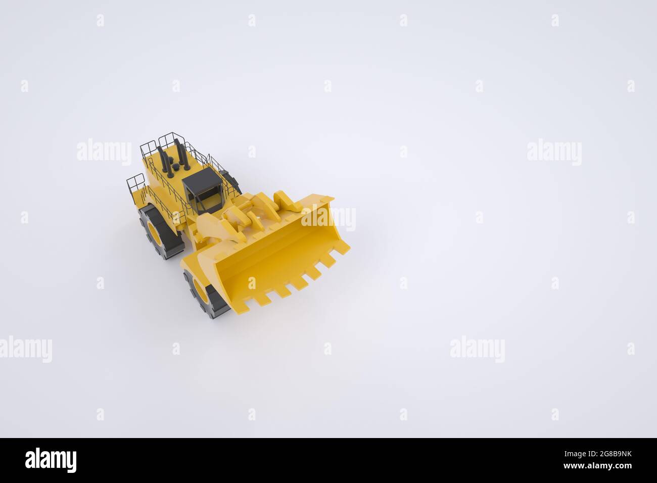 3D-Modell eines gelben Traktors. LKW, Traktor mit Schaufel. Grafiken. Isolierter Traktor auf weißem Hintergrund. Stockfoto