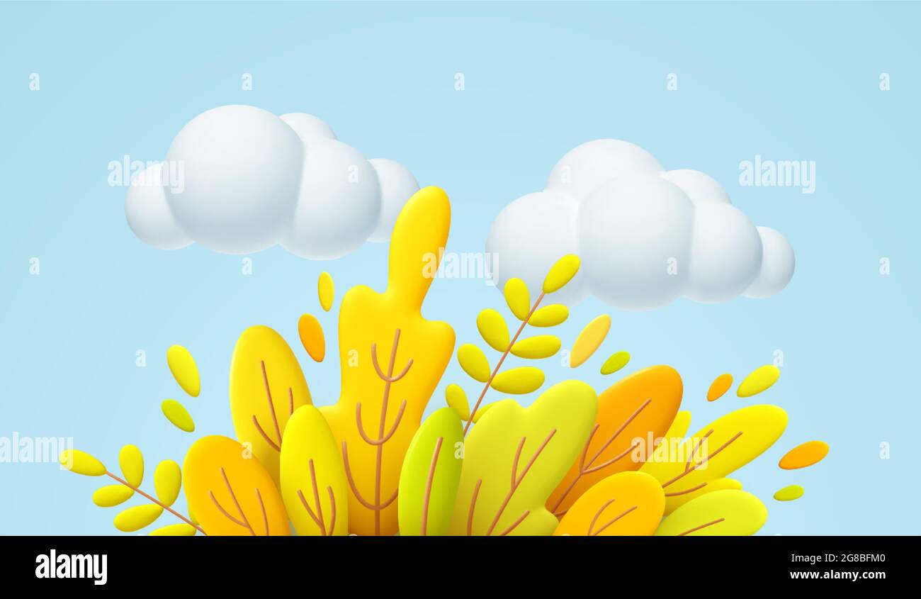 Hello Autumn 3d-Minimaldarstellung mit Herbstgelb, orangefarbenen Blättern und weißen Wolken auf blauem Hintergrund isoliert. der 3d-Herbst hinterlässt den Hintergrund für den Stock Vektor