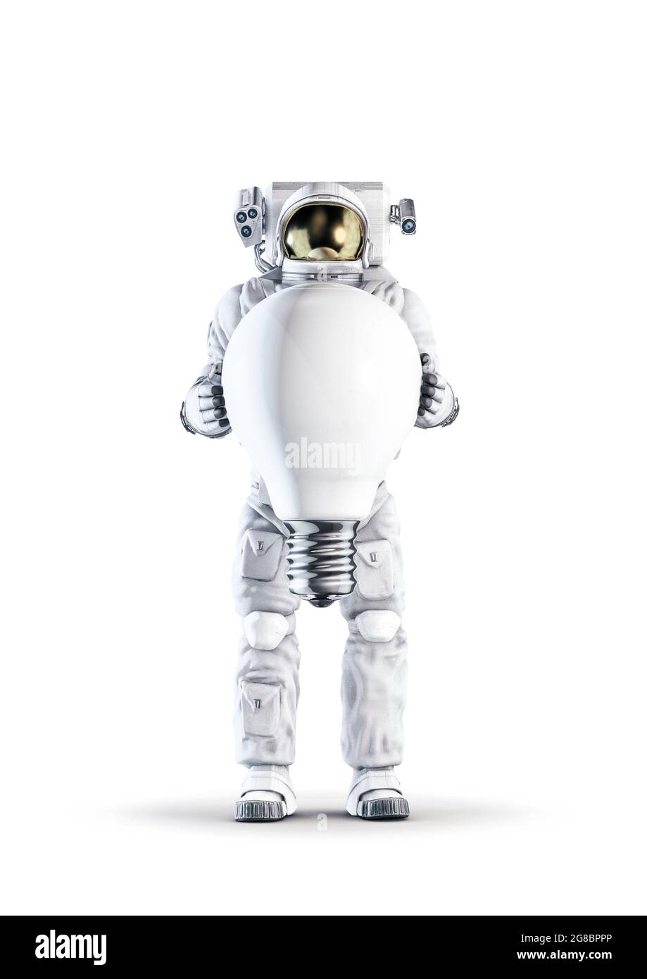 Astronaut Glühbirne Kreativität Konzept / 3D-Illustration des Raumes Anzug trägt männliche Figur hält riesige Glühbirne isoliert auf weißem Studio-Backgr Stockfoto