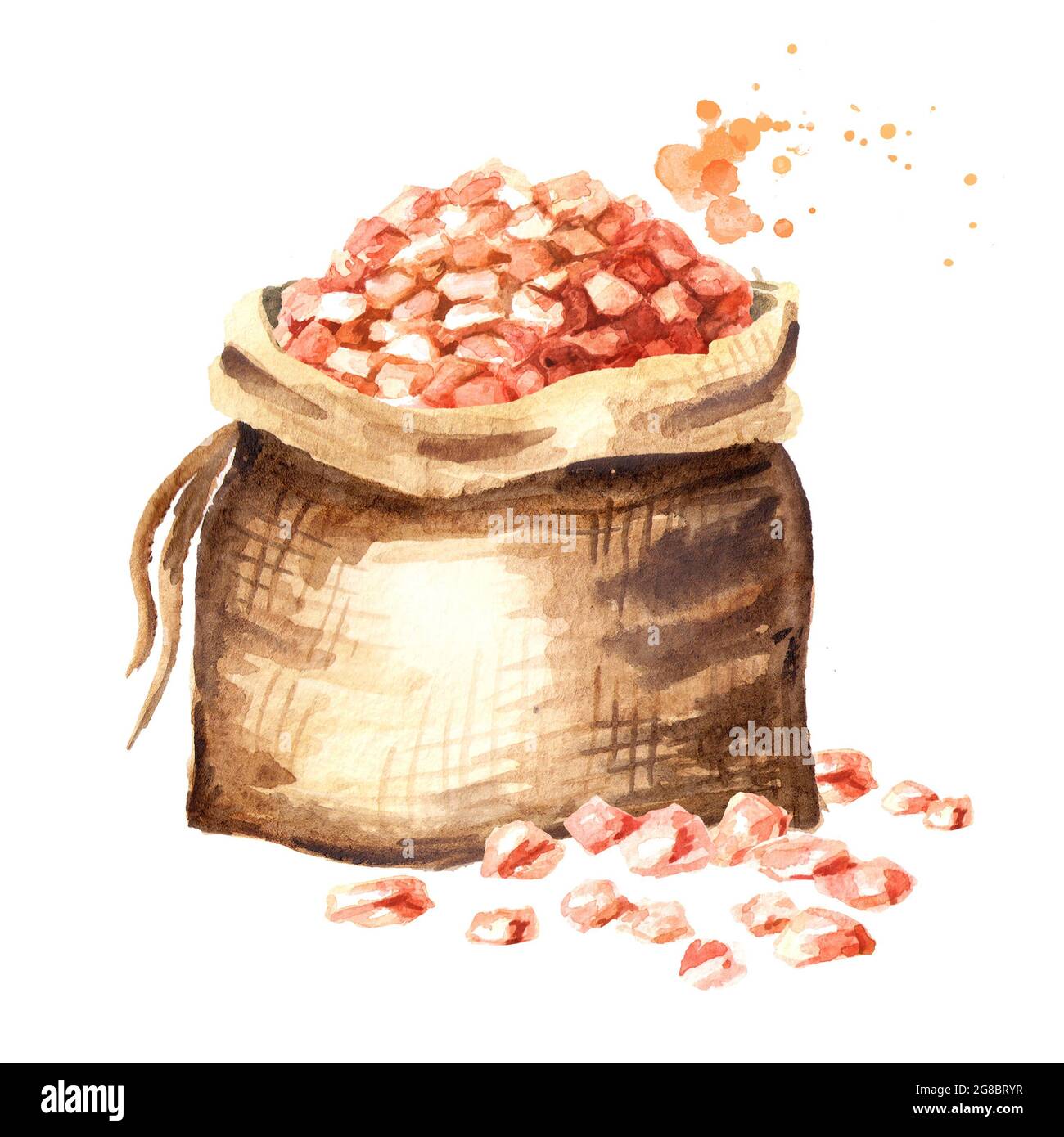 Sackleinen mit Himalaya-rosa Salz. Aquarell handgezeichnete Illustration, isoliert auf weißem Hintergrund Stockfoto