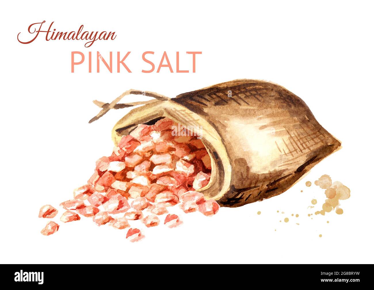 Sackleinen mit Himalaya-rosa Salz. Aquarell handgezeichnete Illustration isoliert auf weißem Hintergrund Stockfoto