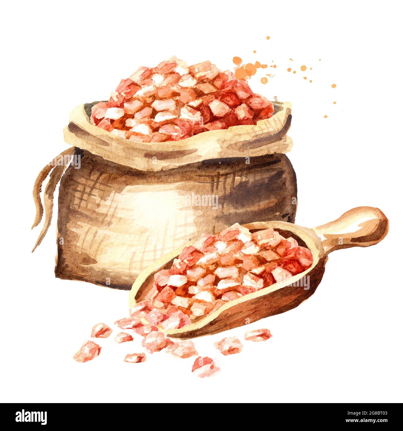 Beutel mit Himalaya-rosa Salz. Aquarell handgezeichnete Illustration, isoliert auf weißem Hintergrund Stockfoto