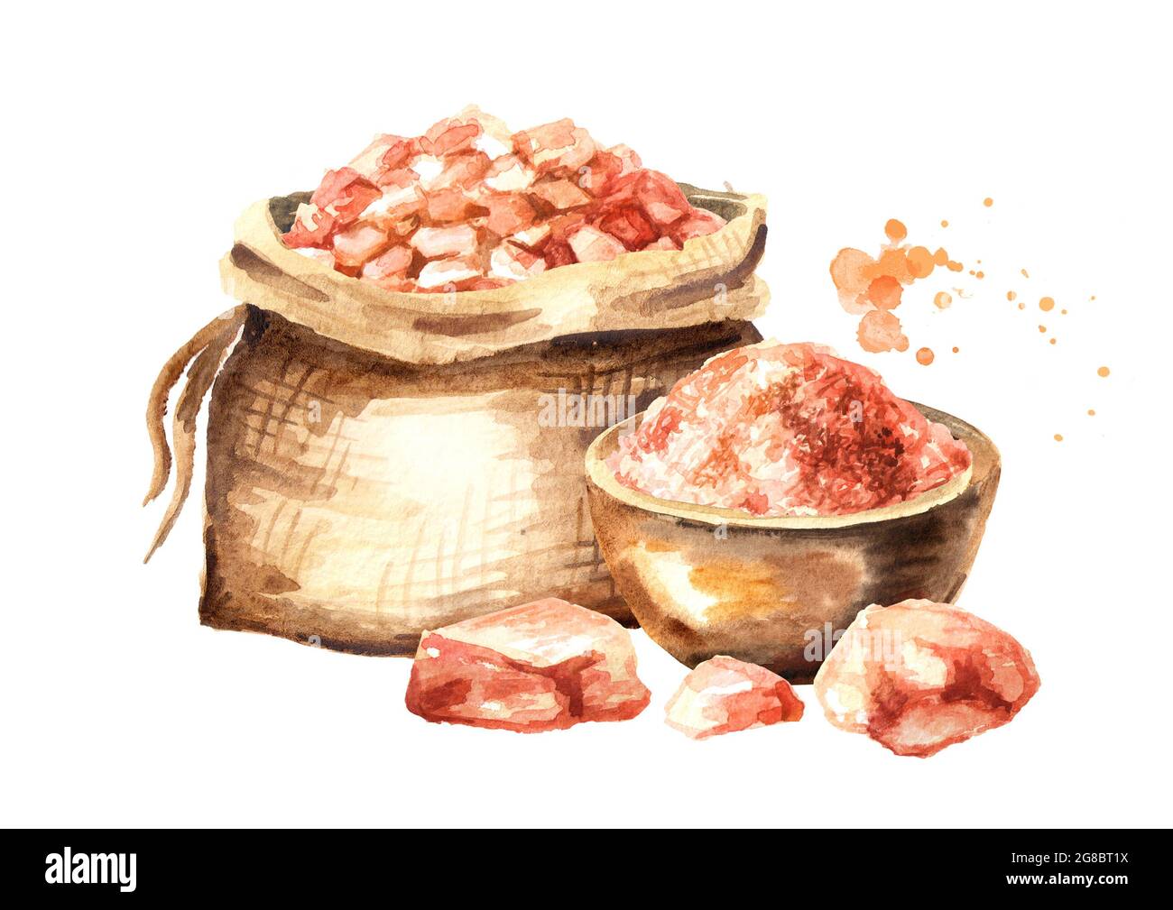 Rosafarbenes Himalaya-Salz. Aquarell handgezeichnete Illustration, isoliert auf weißem Hintergrund Stockfoto