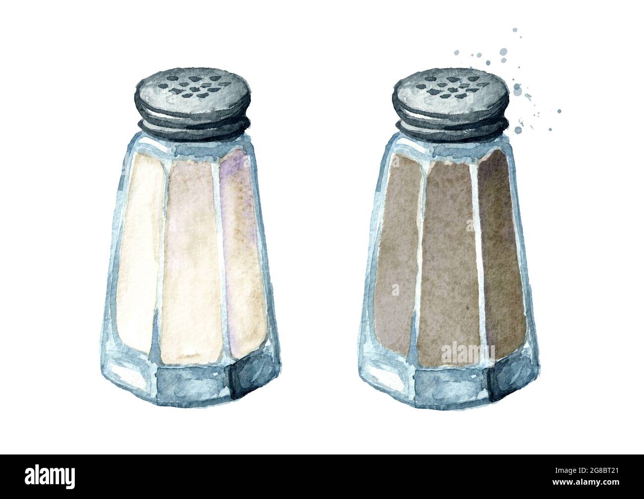 Salz- und Pfefferstreuer. Aquarell handgezeichnete Illustration, isoliert auf weißem Hintergrund Stockfoto