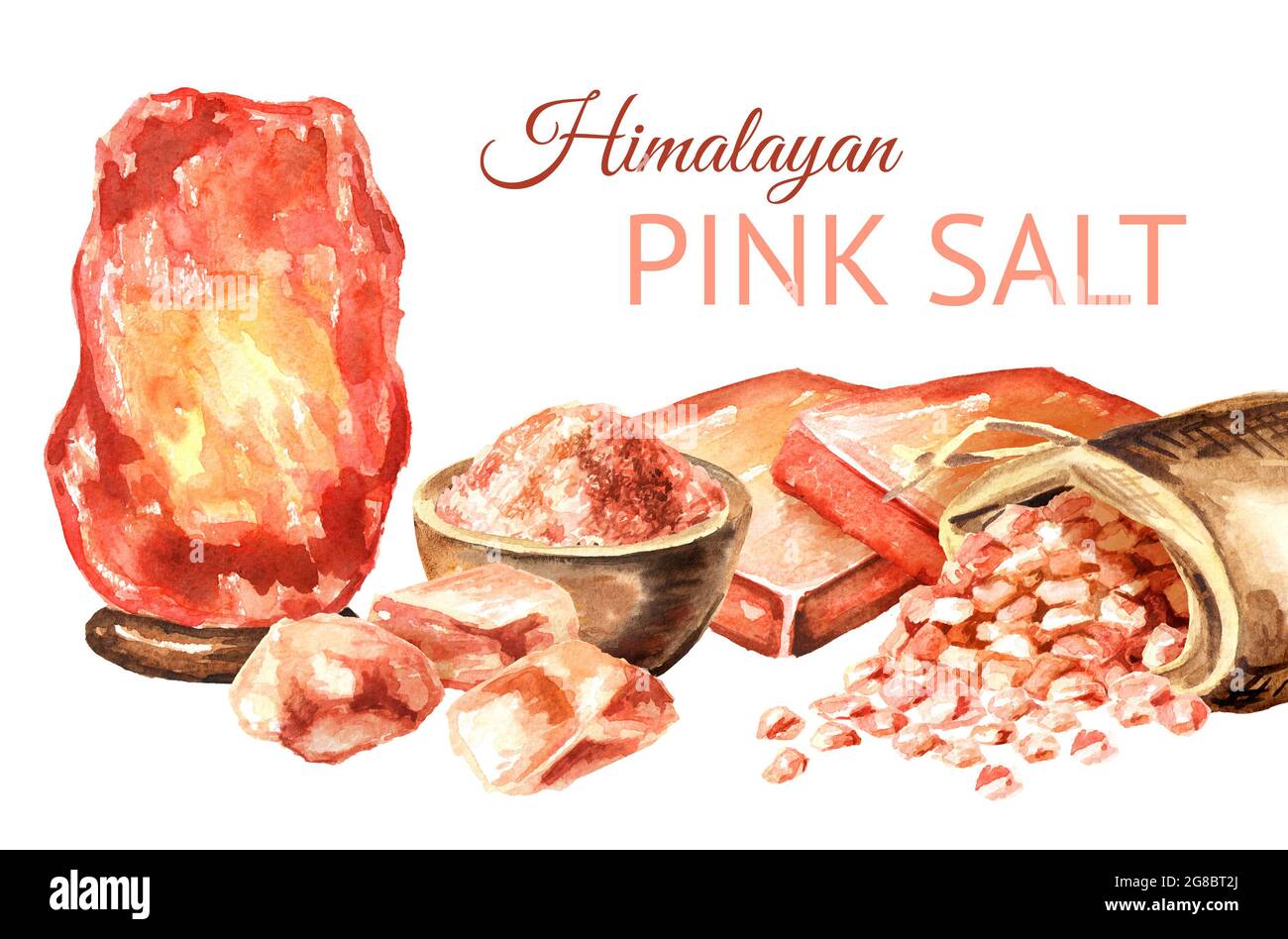 Rosafarbene Salzkarte des Himalaya. Aquarell handgezeichnete Illustration, isoliert auf weißem Hintergrund Stockfoto