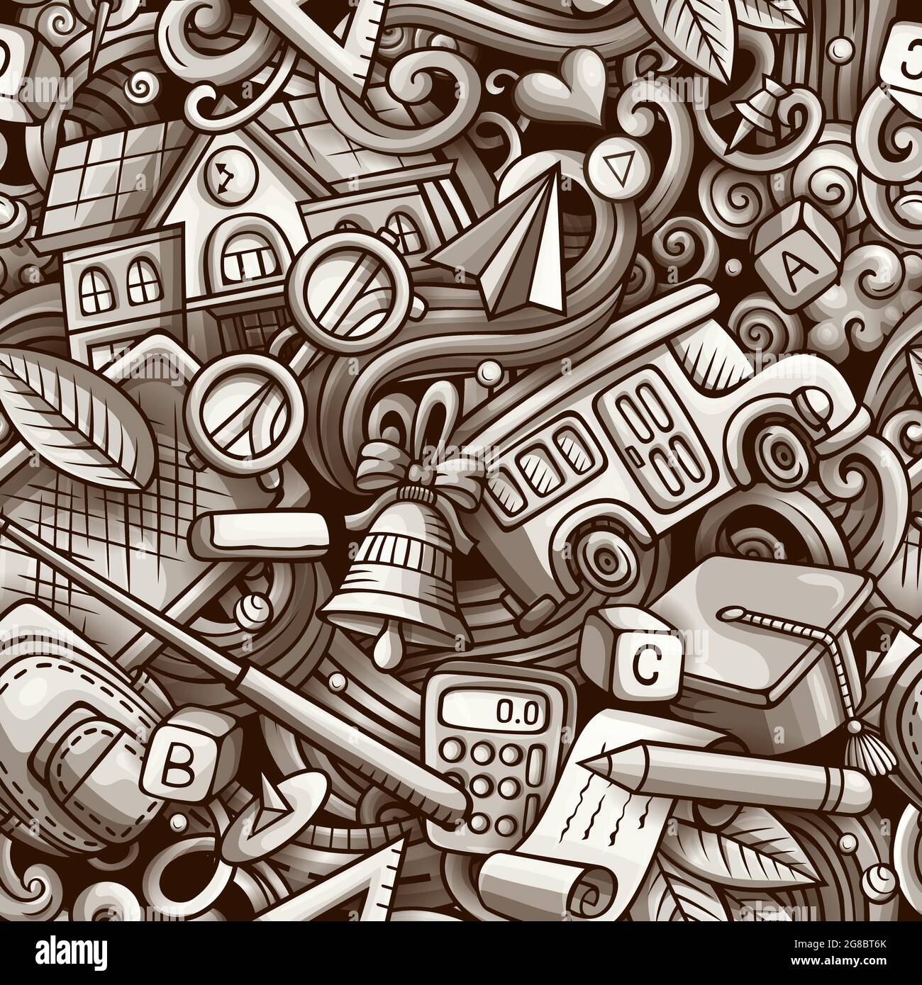 Cartoon niedliche Kritzeleien Hand gezeichnet Schule nahtlose Muster. Monochrom detailliert, mit vielen Objekten Hintergrund. Endlose lustige Vektor-Illustration. Alle Stock Vektor