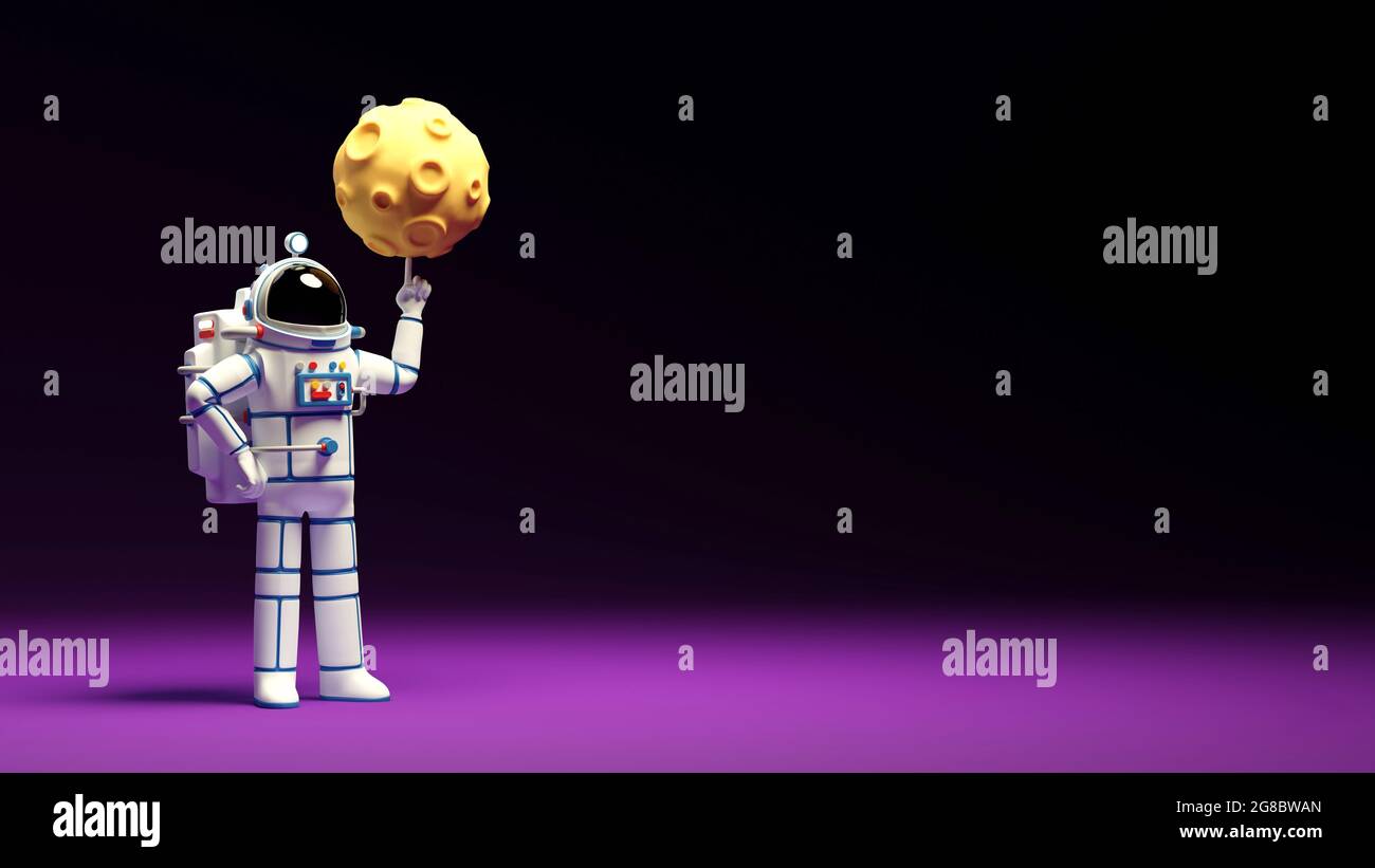 Astronaut im Raumanzügen dreht den Mond auf seinem Finger. Spaceman und Planet mit Kratern - Cartoon 3d Illustration. Stockfoto